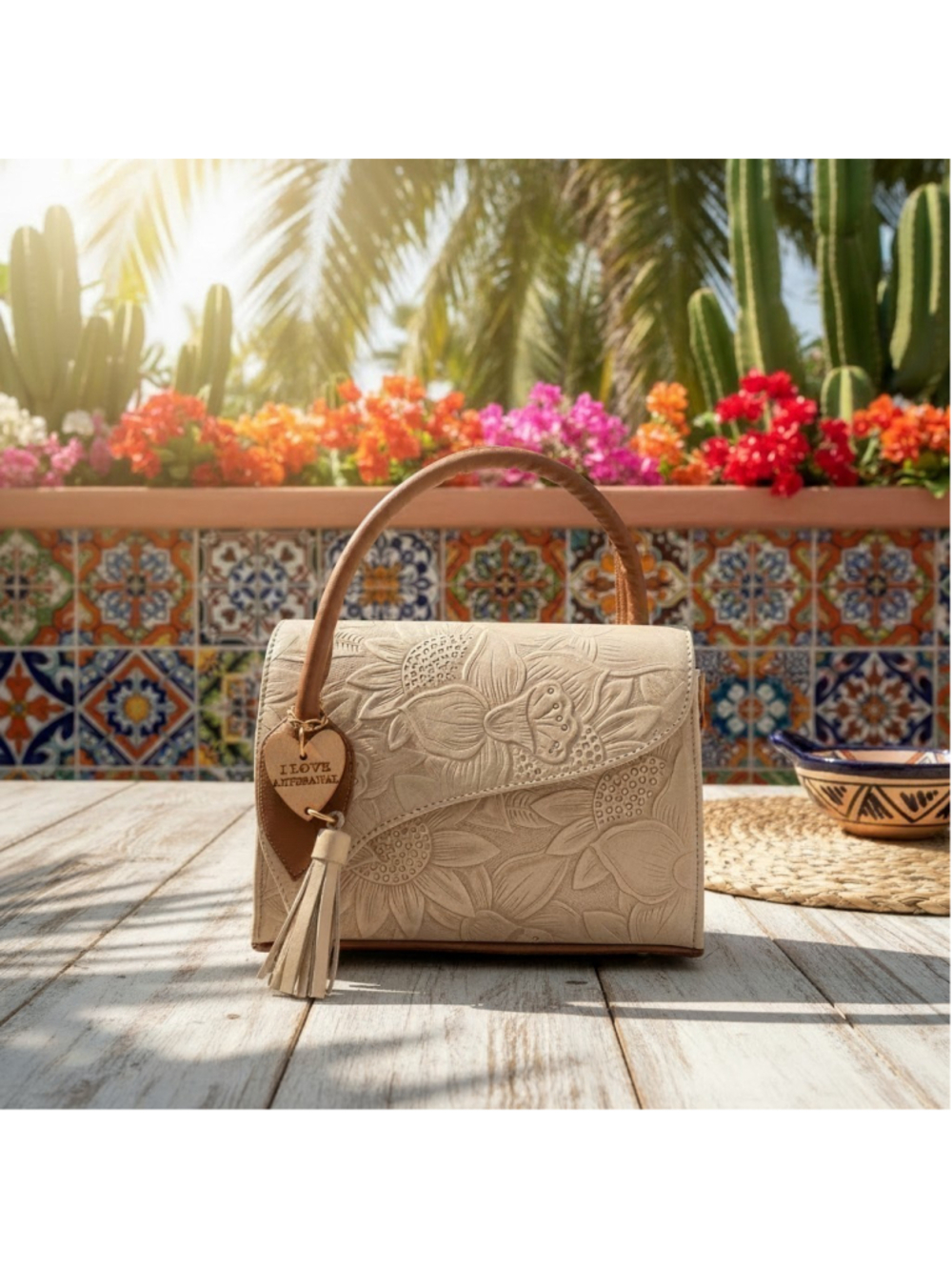 Light Taupe BrownSunflower Embossed Tooled Artisan LEATHER Crossbody Bag Purse